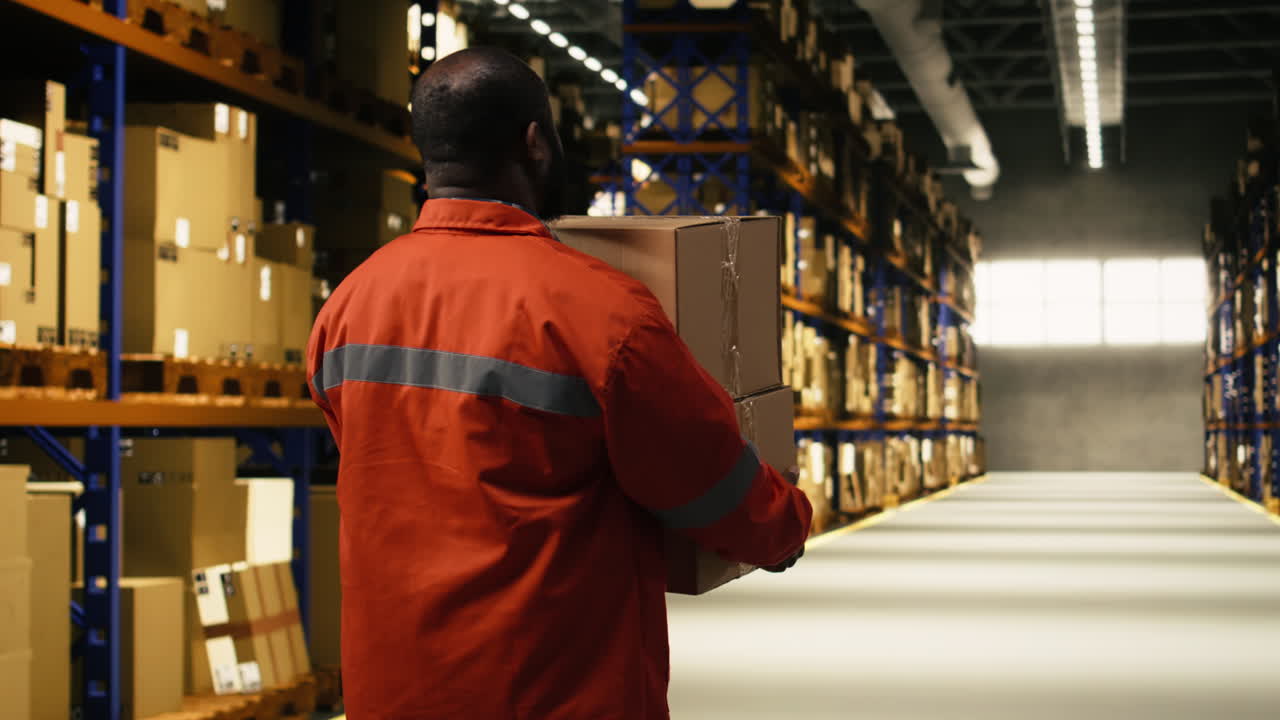 African american staff member carrying cardboard boxes in logistics depot