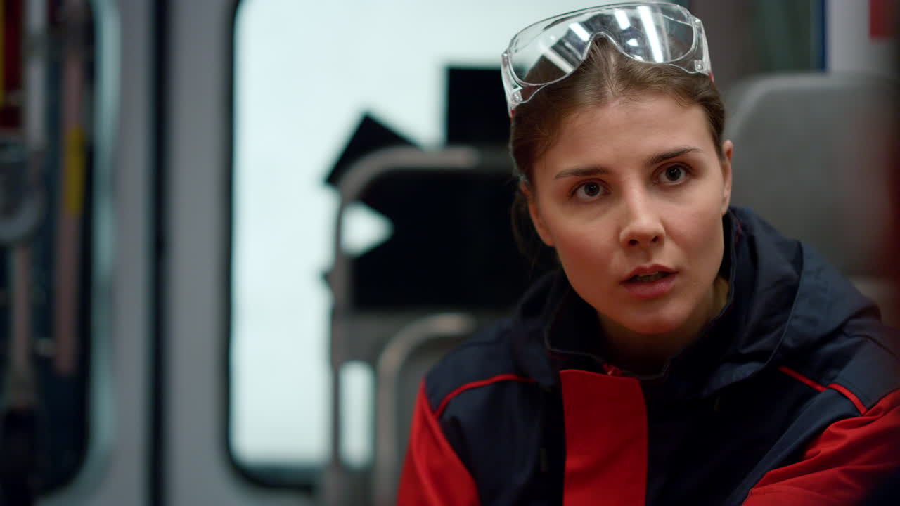 밤 근무 후 응급차에 앉아 있는 피곤한 응급 진료 의사