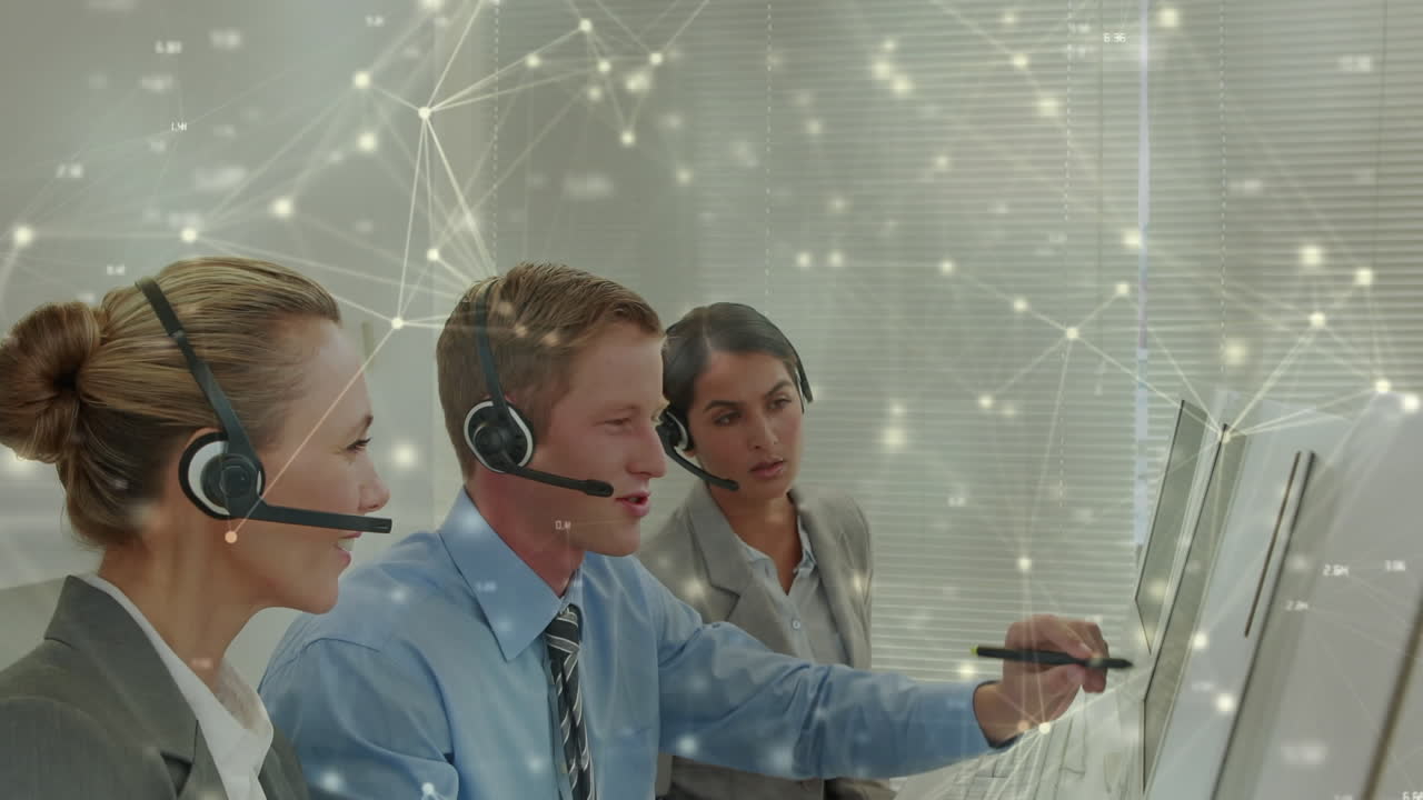 전화 헤드 ⁇ 을 사용하는 비즈니스 사람들을 통해 연결 네트워크의 애니메이션