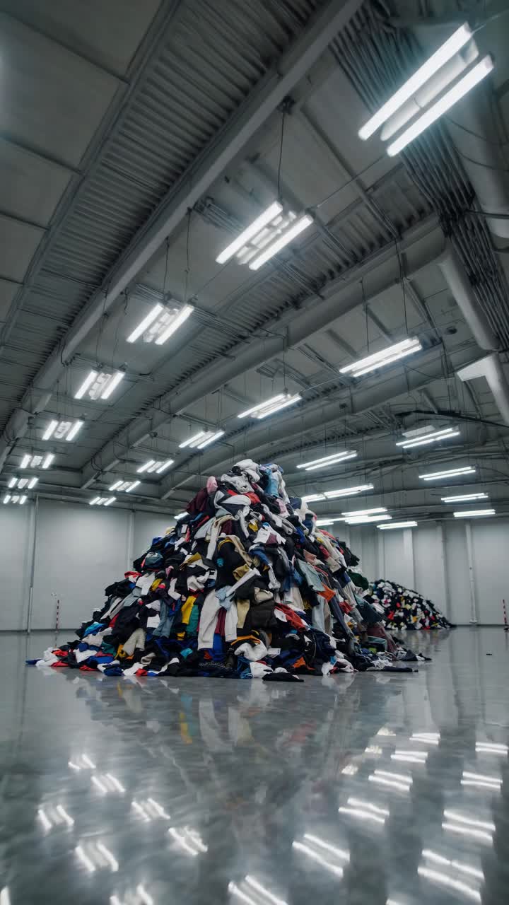 Low-angle shot of a large pile of clothes in an industrial setting, emphasizing excess