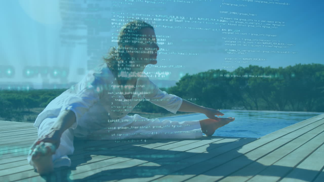 Animation of data processing over Caucasian woman stretching