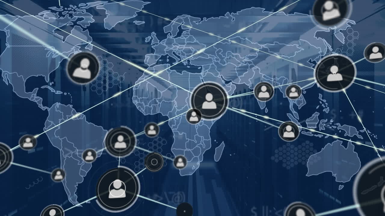 세계 지도와 컴퓨터 서버를 통해 아이콘으로 연결된 네트워크의 애니메이션