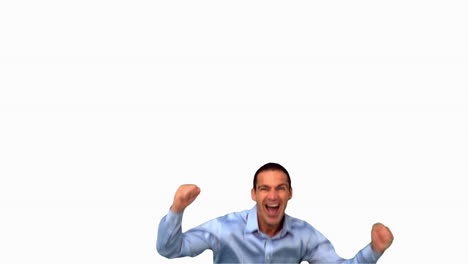 happy businessman jumping on white screen