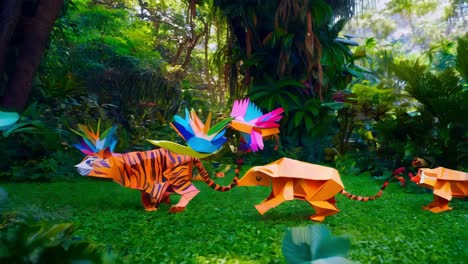 colorful origami tigers in a tropical jungle