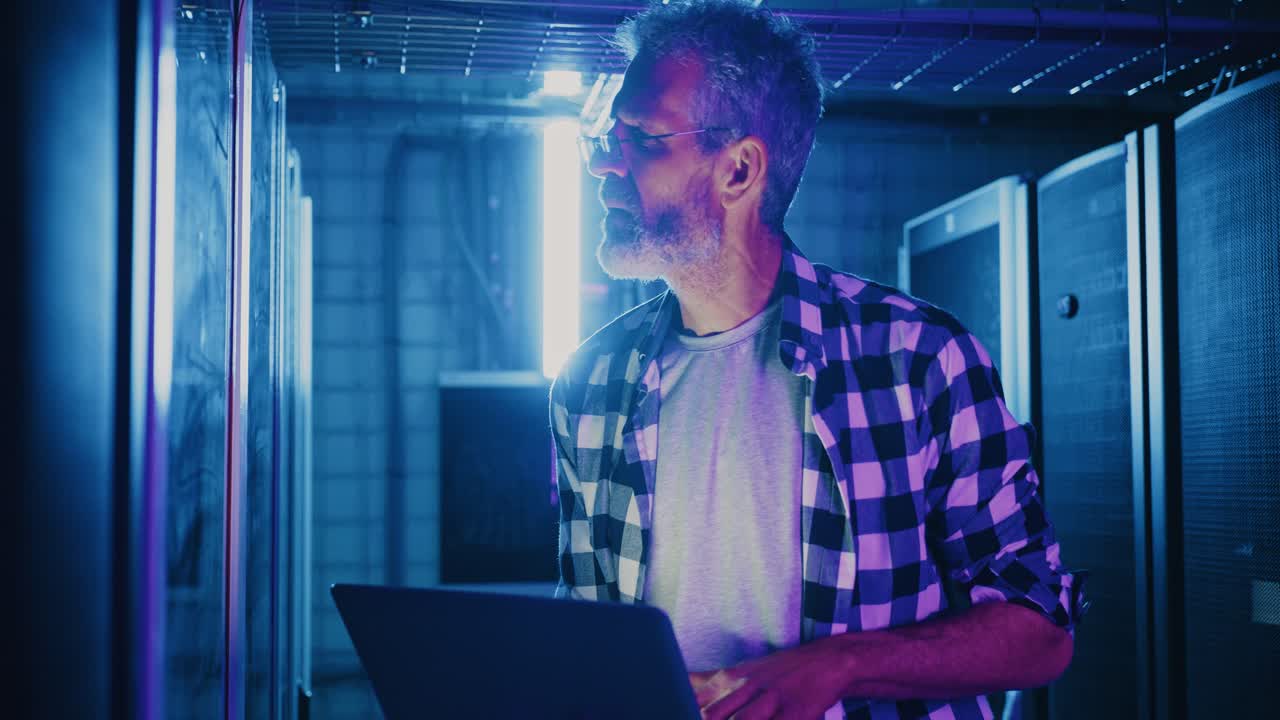IT Technician working in a server room at night