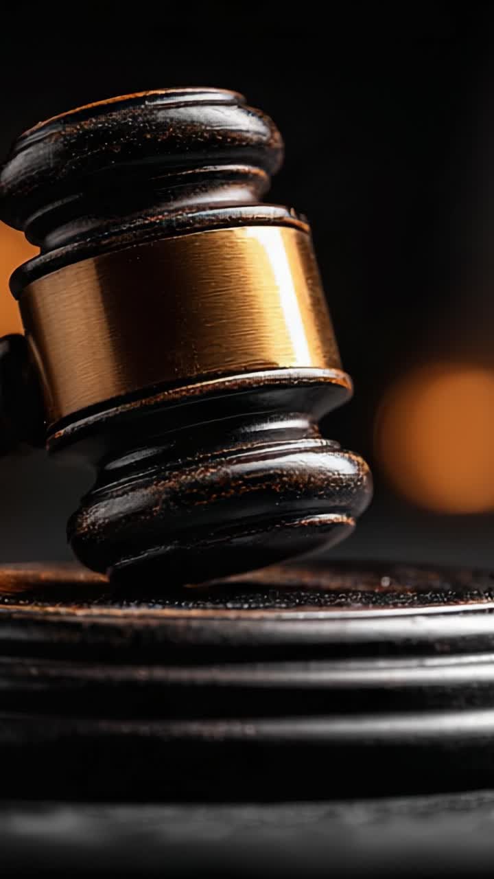 Primo piano di un martelletto da giudice in legno poggiato su un blocco rotondo, che simboleggia l'autorità e il potere del sistema giudiziario e della professione legale.