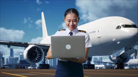 piloto mujer asiática sonriendo y usando una computadora portátil mientras está de pie en el aeródromo con el avión en el fondo