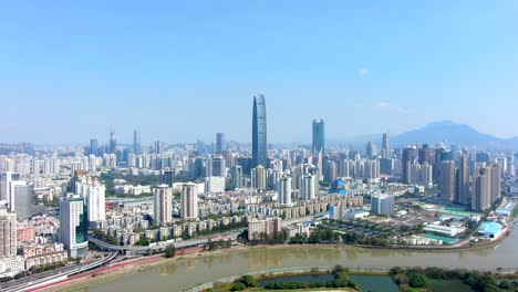 aerial view over shenzhen skyline on a beautiful clear day