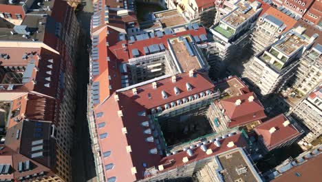 Smooth-aerial-top-view-flight-Dresden-city-Women-church-Frauenkirche-City-town-Germany,-summer-sunny-blue-sky-day-23