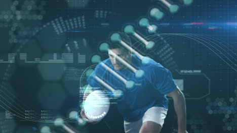 animación del procesamiento de datos y la cadena de adn sobre el jugador de rugby