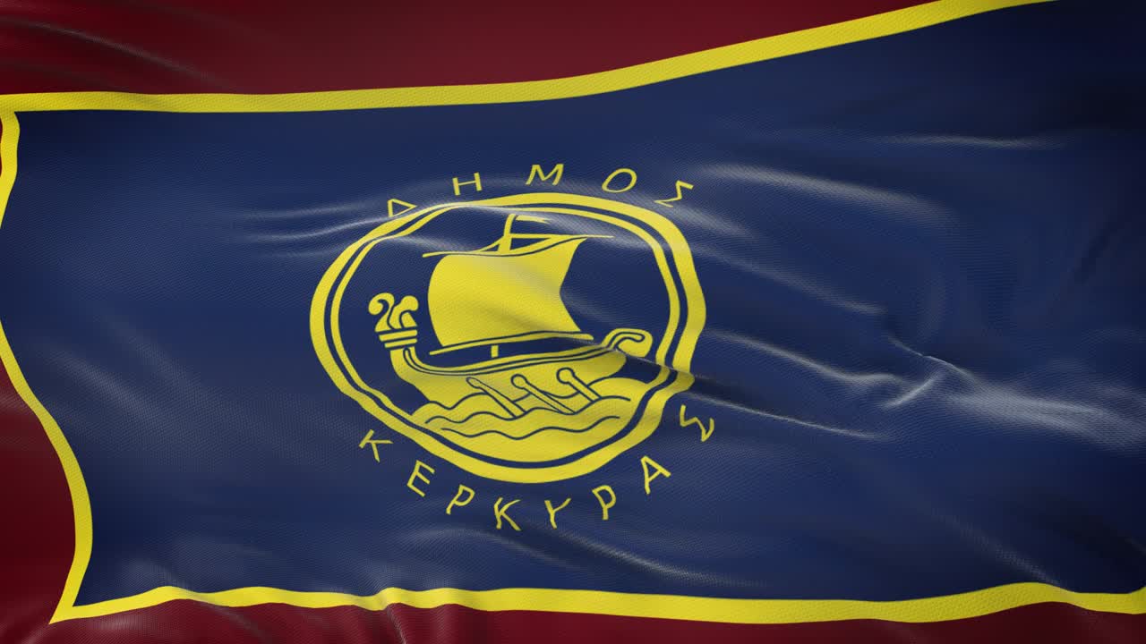 Corfu (Municipality Greece) flag waving in the wind with highly detailed fabric texture. Seamless loop