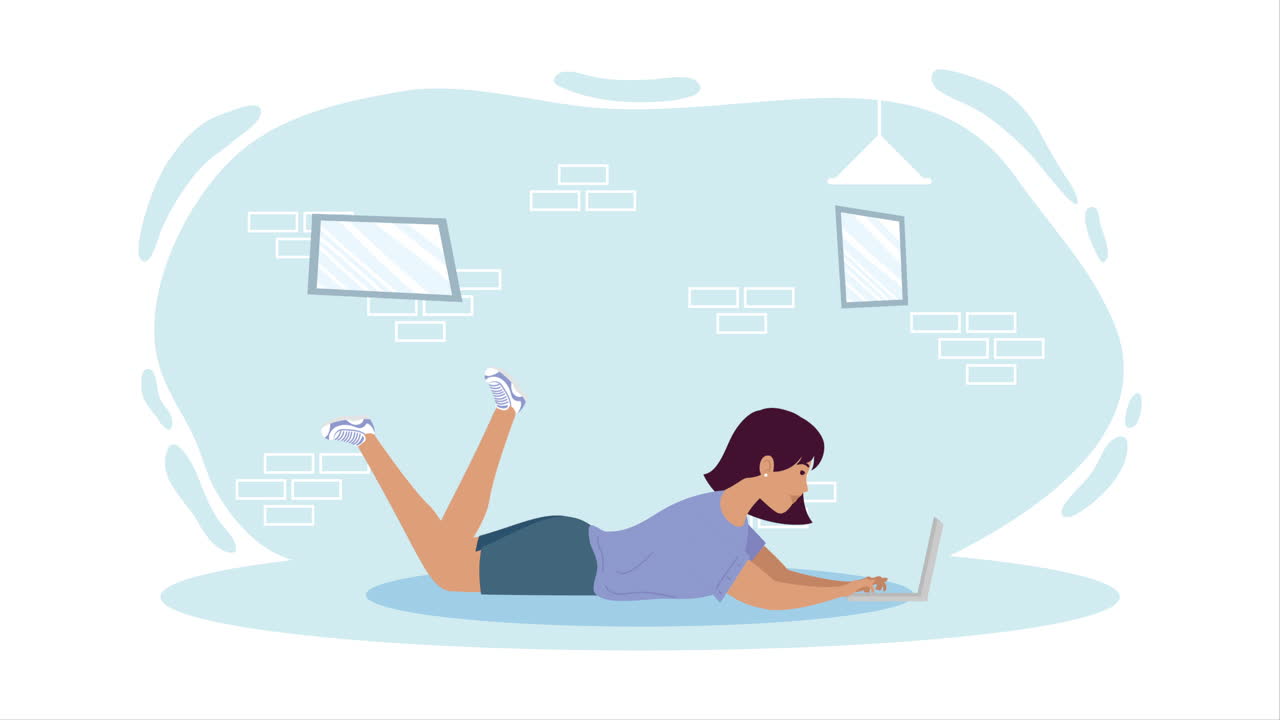 노트북 캐릭터 애니메이션을 사용하는 젊은 여성