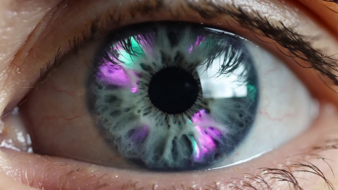 Person's eye showing rotating magenta or teal reflections after light shift, mapping cornea for heal