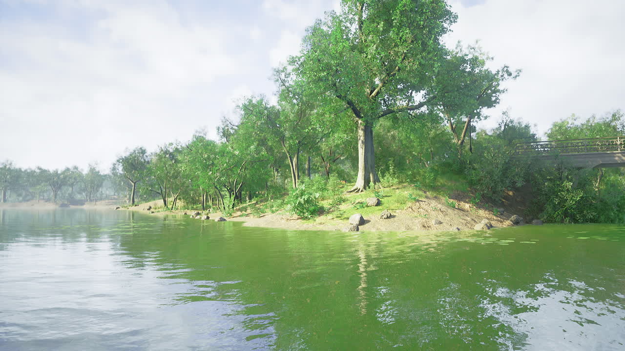 Serenity of a riverside landscape with lush greenery and calm waters