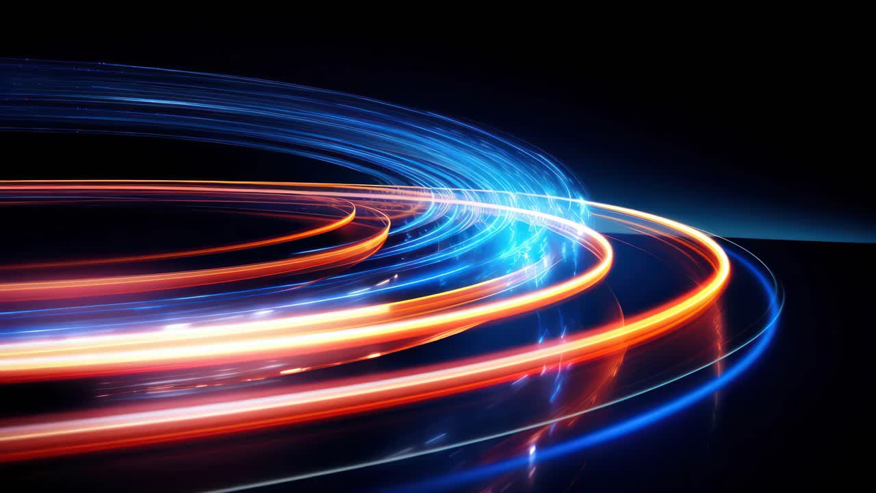 Dynamic light trails in motion blur, captured from a low-angle perspective, creating a futuristic