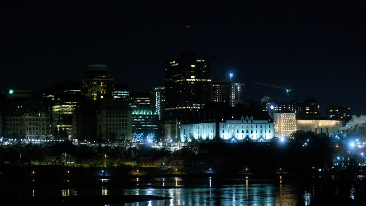 4K Landscape urban shot of Ottawa, Canada at night during winter.