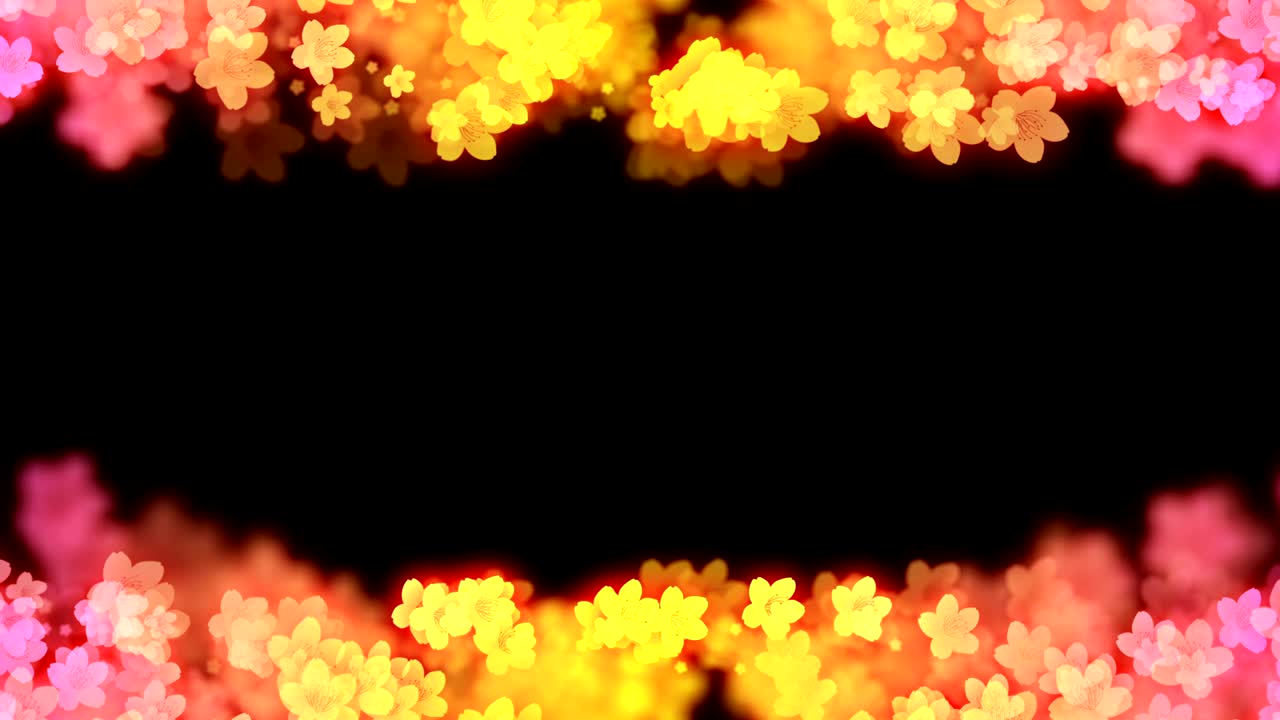 abstracto bokeh luz chispas sahura flor o flor de cerezo patrón rosa y amarillo gradiente de color ilustración en fondo negro, animación de bucle sin costuras 4k con espacio de copia central