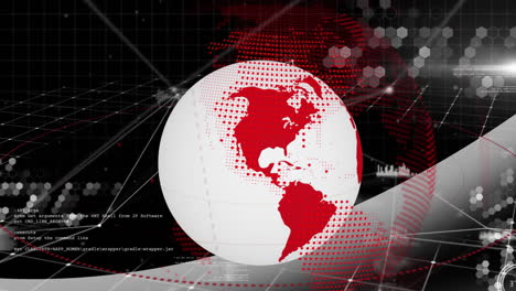 rotating globe animation over digital grid and red world map background