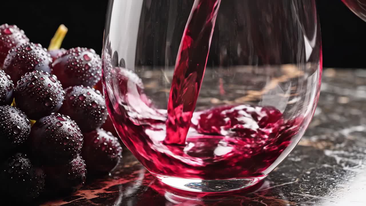 Vino rosso versato in bicchiere con uva