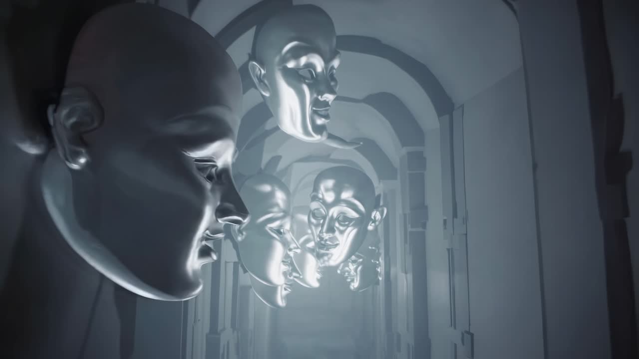 Installazione artistica di maschere argentate