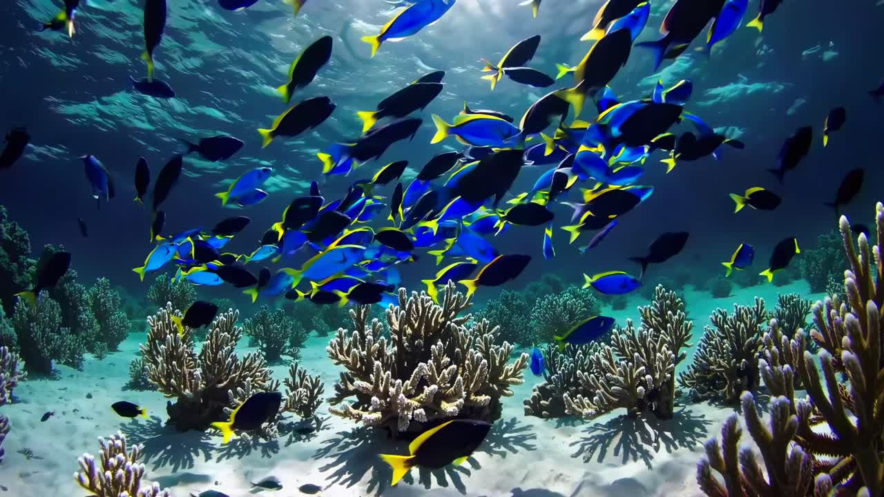 Escena de vídeo submarina vibrante de peces azules y amarillos nadando sobre arrecifes de coral