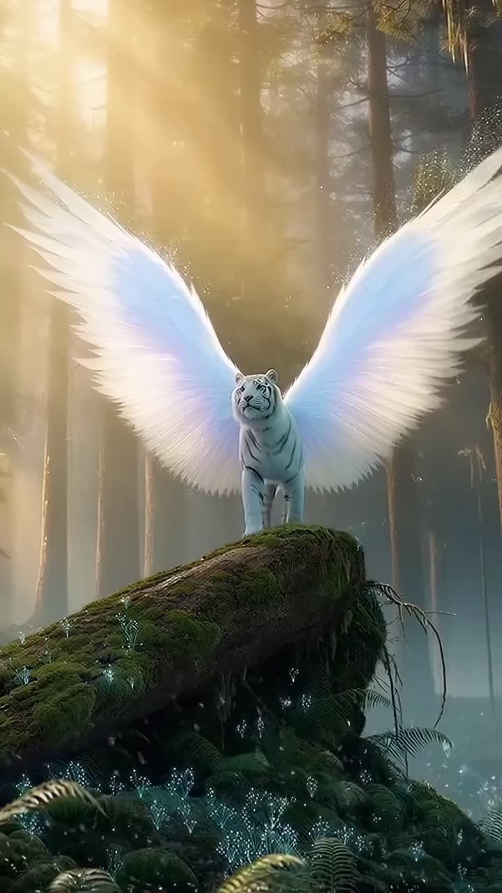 Majestic winged tiger in a sunlit forest, captured from a low angle, ideal for fantasy video