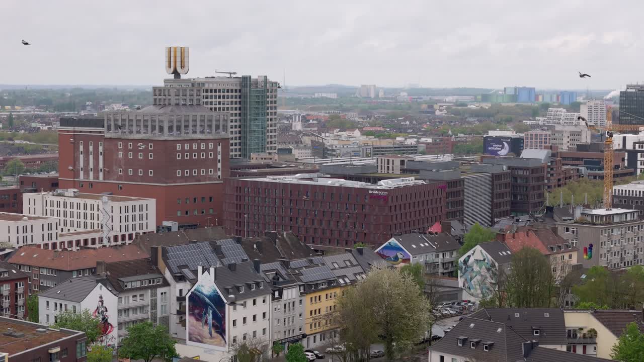 Dortmunder U-Tower, Museum Ostwall building, Dortmund neighbourhood, North Rhine-Westphalia, Drone shot
