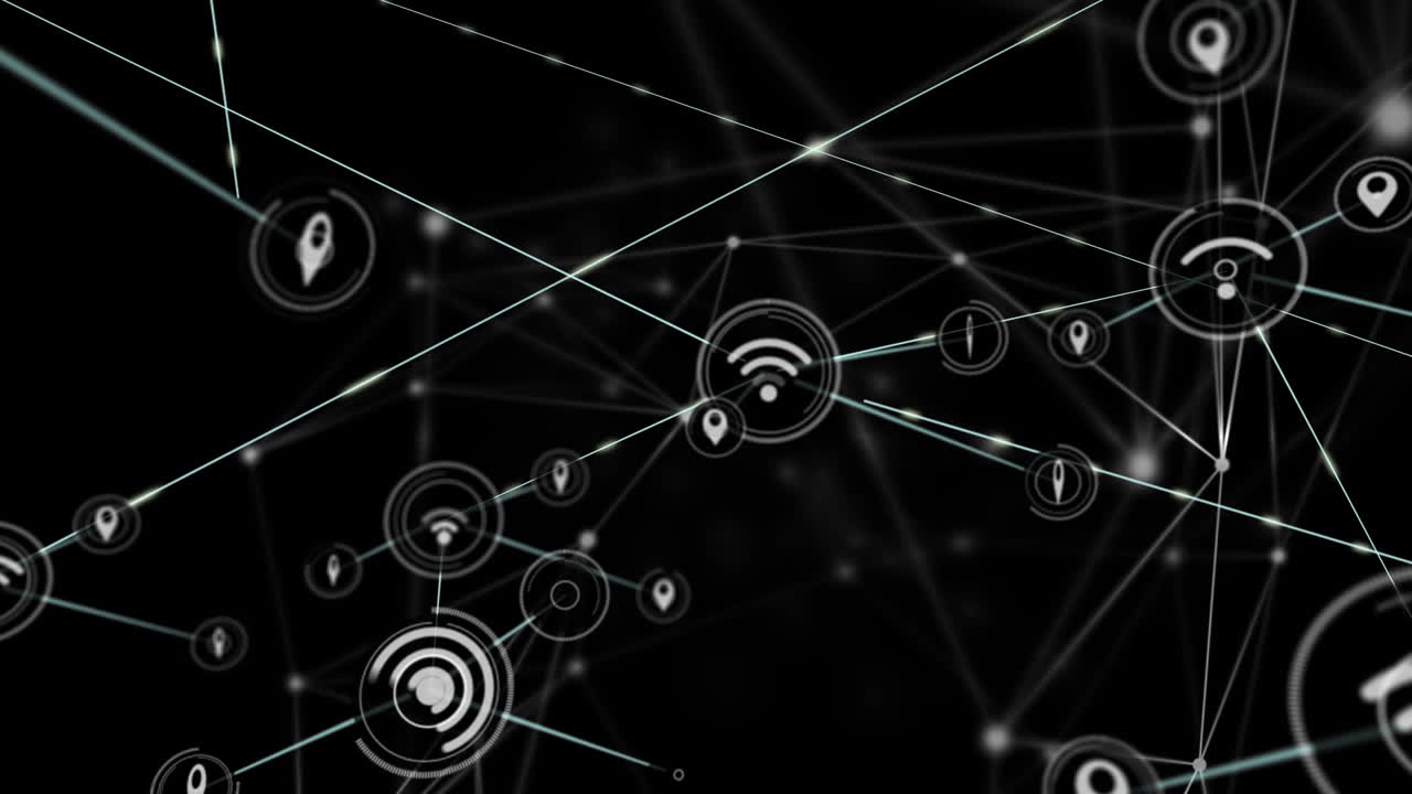 animación de la red de conexiones con iconos en fondo negro