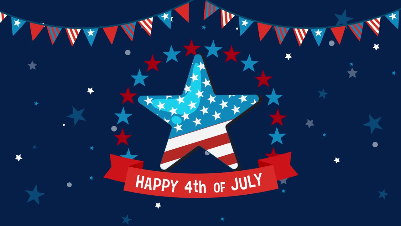 Animated star with American flag design and festive banners celebrates Independence Day. Dynamic transitions and vibrant colors enhance the patriotic theme