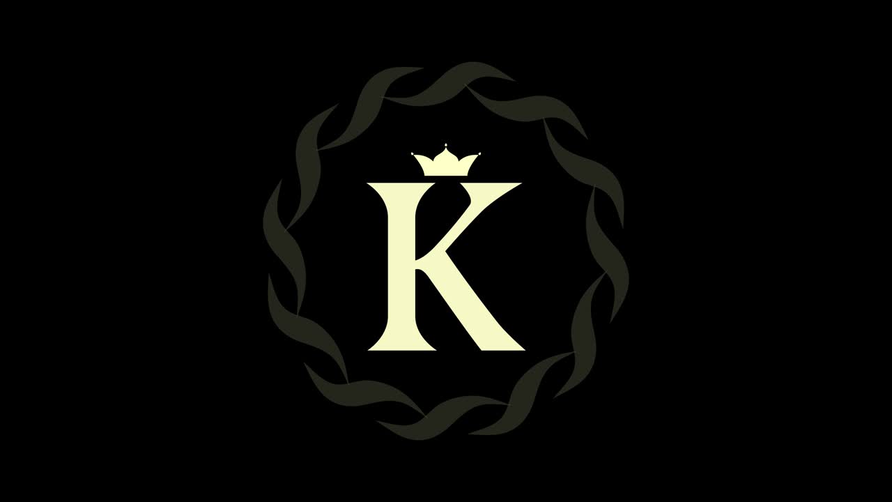 로고 디자인의 애니메이션. 럭셔리 모노그램. 둥근 블럼 회전. 대문자 k. 떨어지는 왕관. 그려진 리본. 움직이는 예술 템플릿.