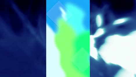 animación de formas verdes y azules en pantalla vertical, sobre un fondo gris oscuro ondulado