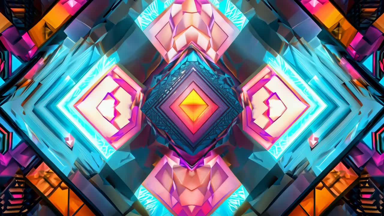 A colorful abstract design with squares and triangles. The colors are bright and vibrant, creating a lively and energetic mood. The design seems to be inspired by modern art