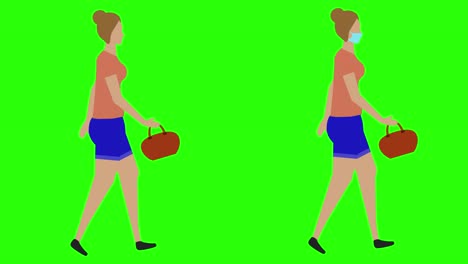 women walking cycle seamless loop , face mask version, green screen chroma key animation, flat design