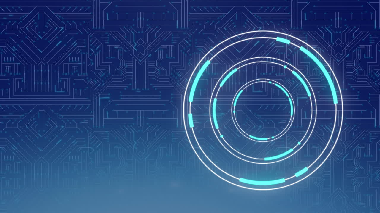 Animation of neon round scanner spinning over microprocessor connection on blue background
