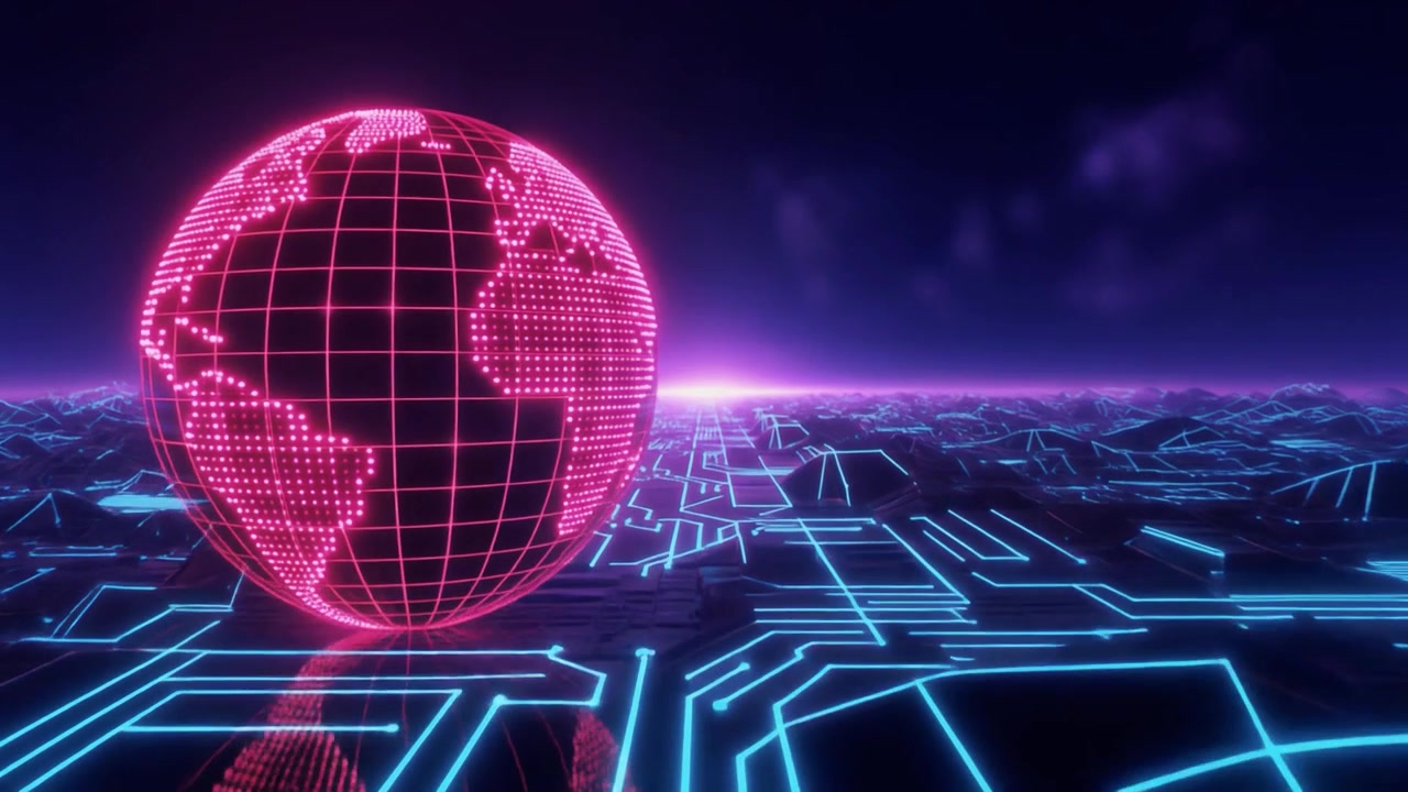 Glowing Digital Globe Rotating Over Futuristic Circuit Board Landscape
