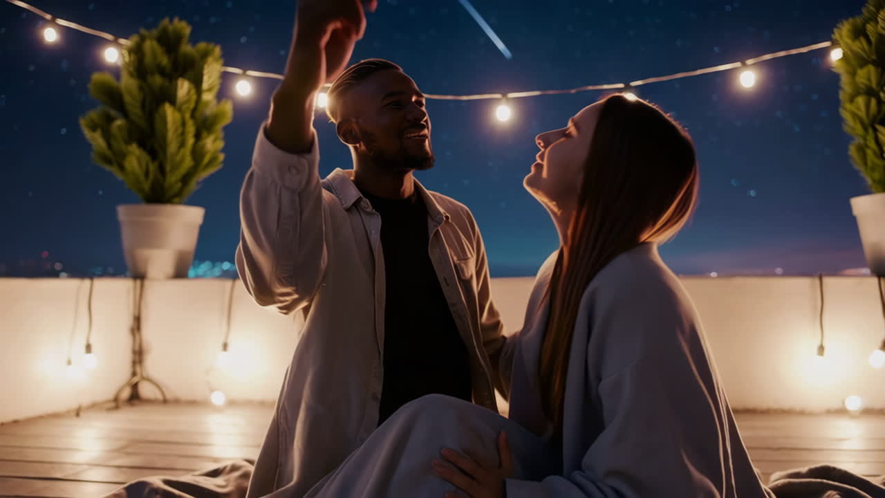 Couple enjoying a romantic night on a rooftop