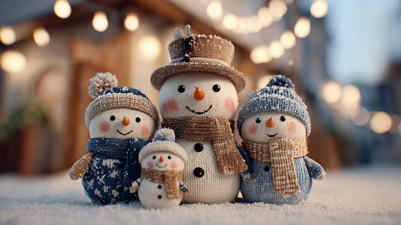Charming Group of Whimsical Snowmen in Cozy Winter Attire Gathered Together, Surrounded by a Magical Atmosphere of Twinkling Lights and Snowy Scenery