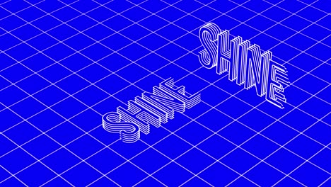 animation of the word shine in 3d white line text with white grid on blue background