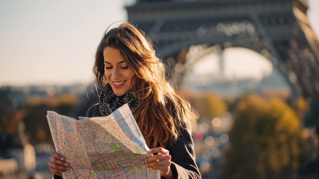 Riprese di viaggio di una giovane donna che tiene una mappa di carta e sorride all'aperto con la Torre Eiffel sfocata sullo sfondo, Parigi, Francia, ora d'oro in autunno