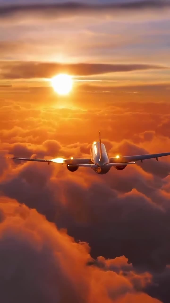 Video aereo di un aereo che si libra sopra le nuvole al tramonto, catturando una vista serena e cinematografica.