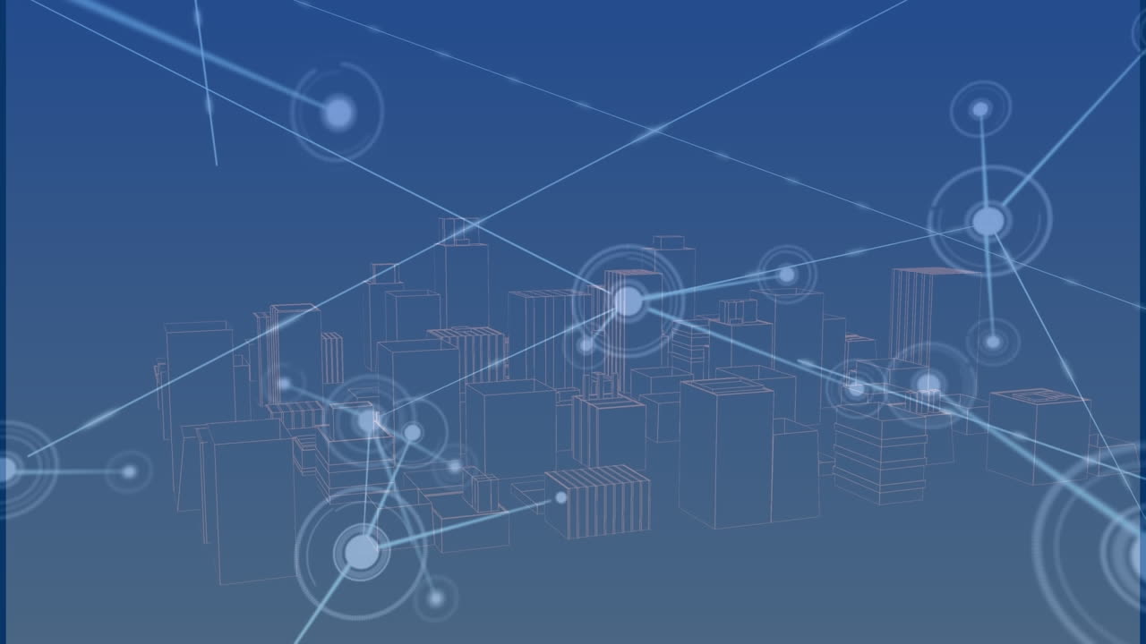 Animation of network of connections over metaverse city on blue background