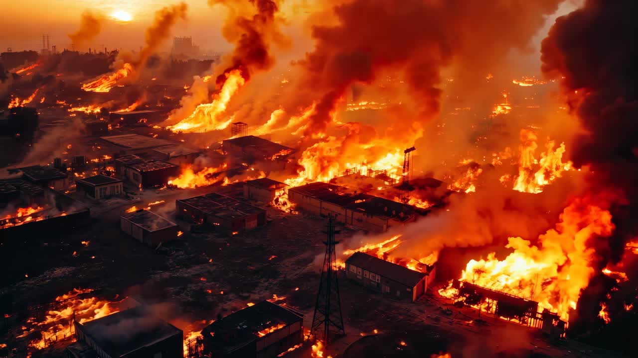 도시 한복판에서 큰 불이 타고 있다