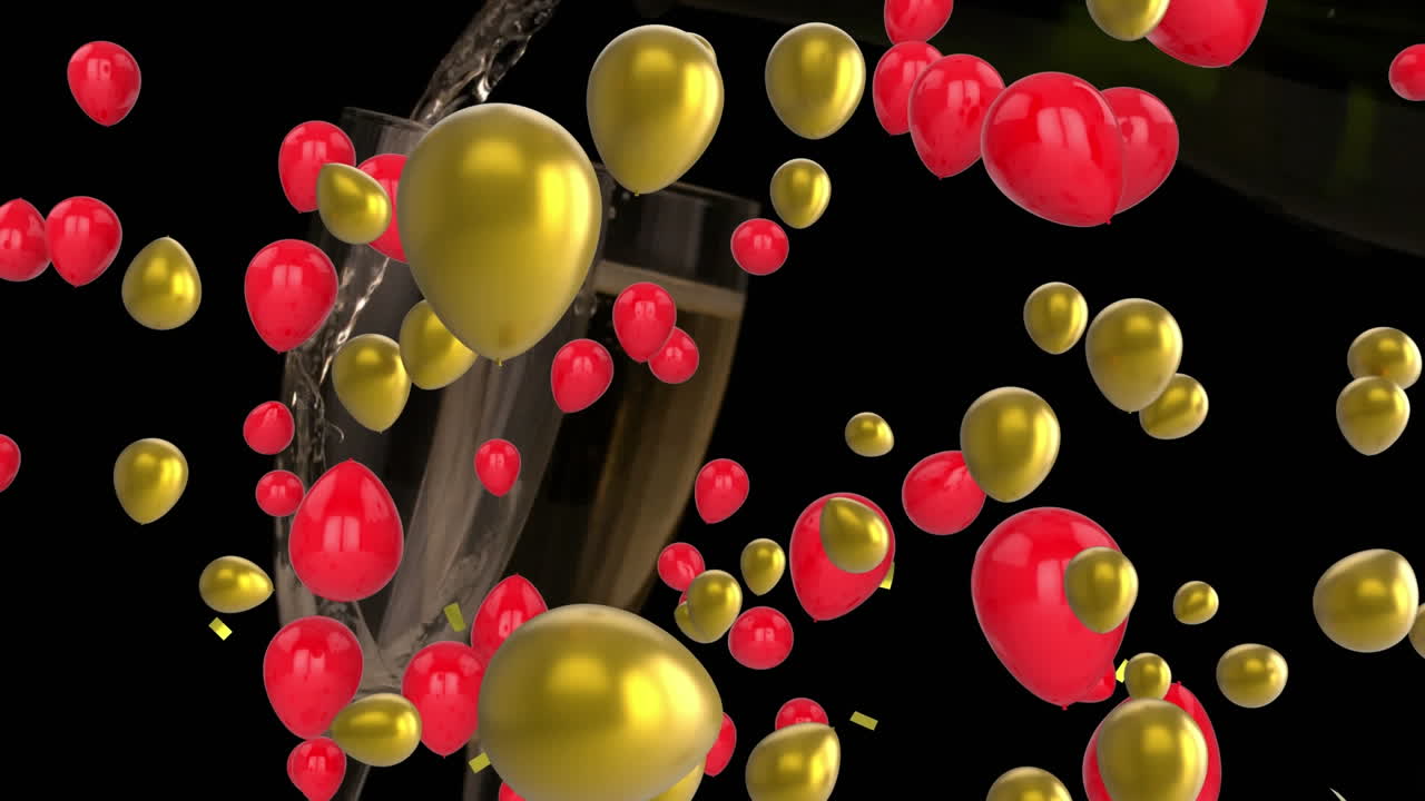 анимация плавающих воздушных шаров и золотых конфетов, падающих на стакан шампанского на черном фоне.