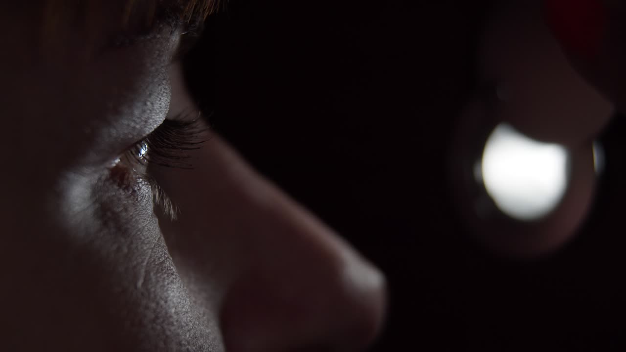 밤에 구을 통해 보는 여자, 눈 클로즈업