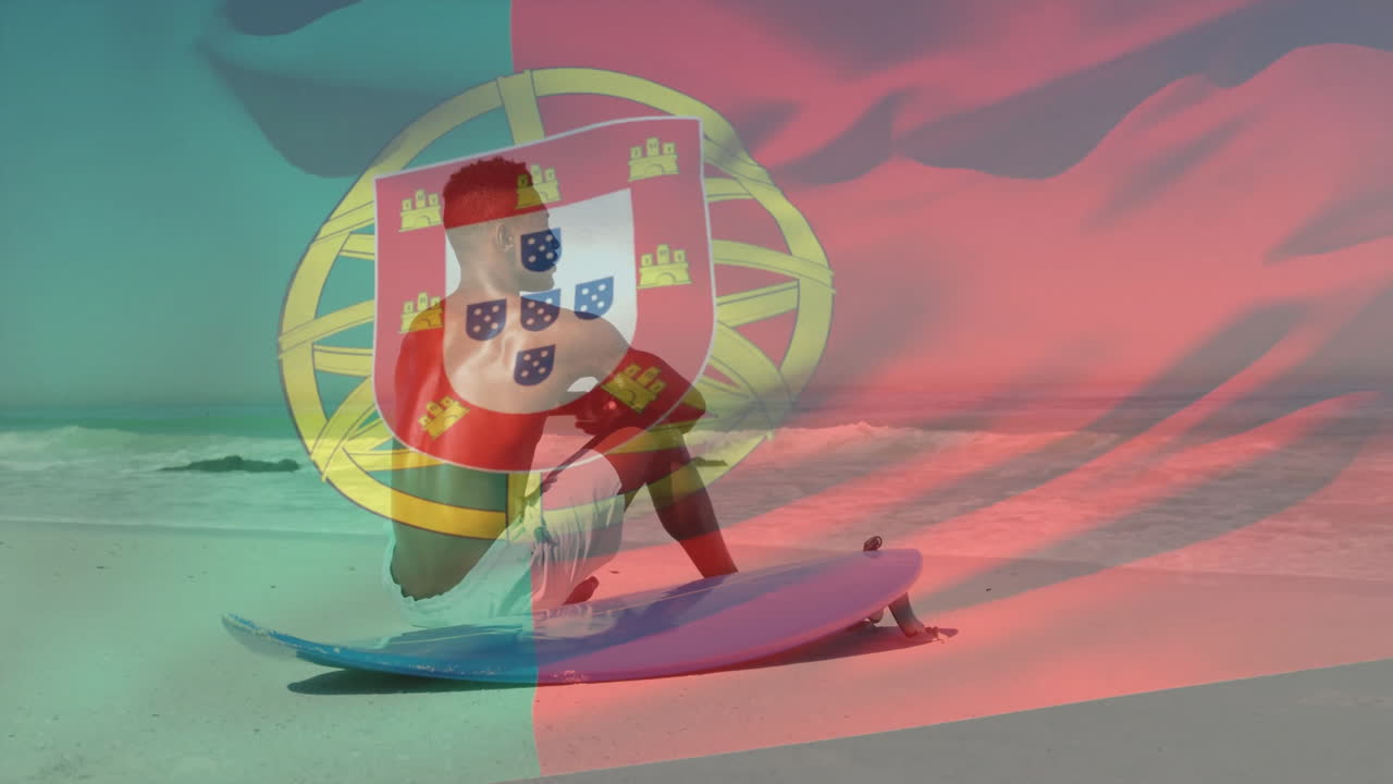 Holding surfboard on beach, person with animation of Portuguese flag overlay