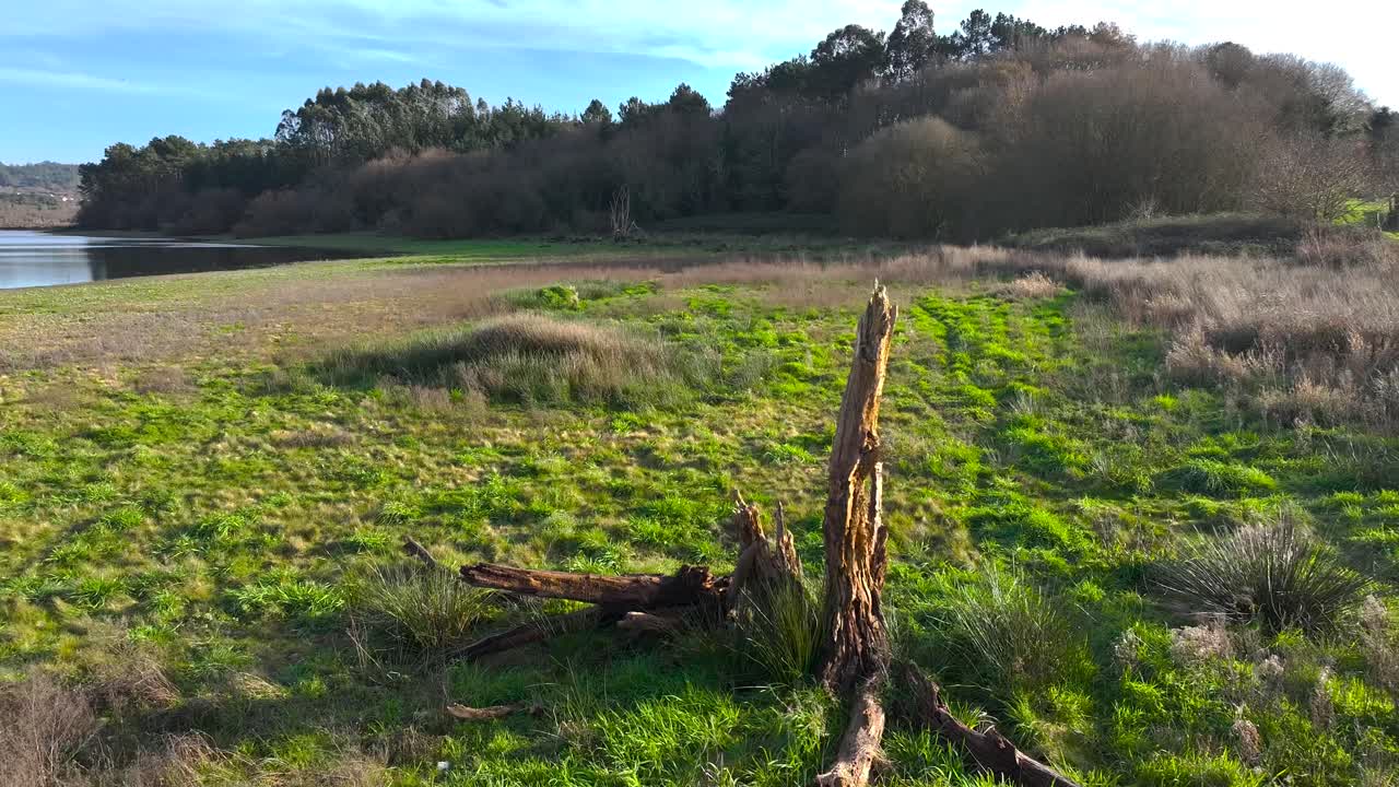 Oversiktsbilde over natur og en mann med stativkamera