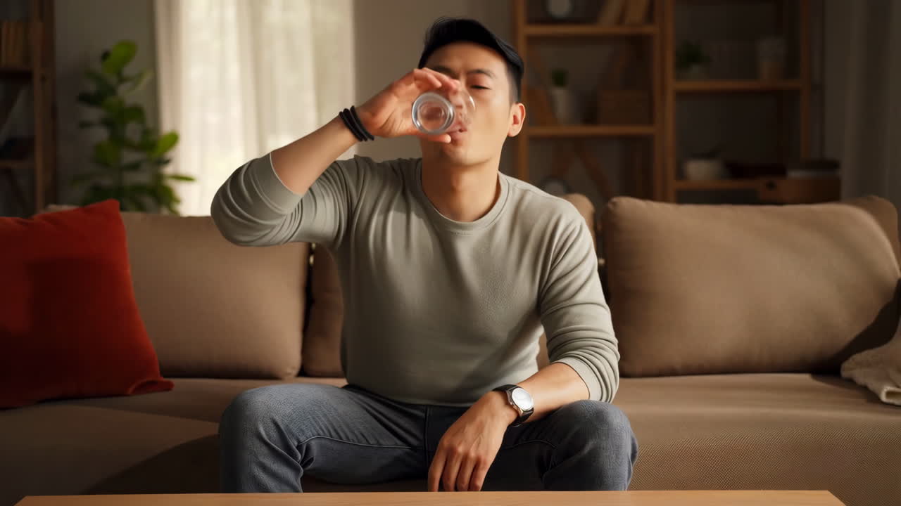 Man Taking Medication with Water at Home