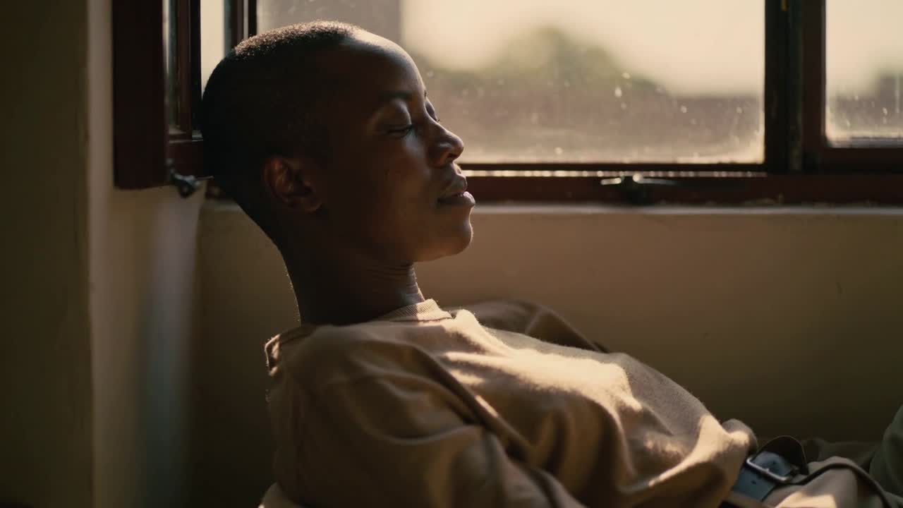 Sunlight through window causing woman leaning back by wall seeking rest wearing long-sleeve shirt