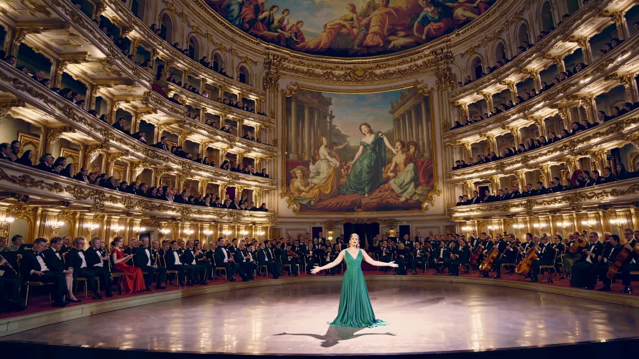 A dramatic video scene of a woman singing passionately on stage, captured from a side angle