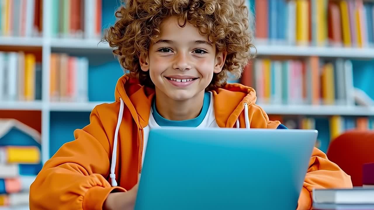 A young boy sitting at a table with a laptop computer